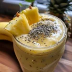 Close-up of a creamy pineapple smoothie in a glass with a slice of pineapple garnish.