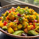 Close-up of a colorful Mango Avocado Salsa served in a bowl, featuring diced mango and avocado.