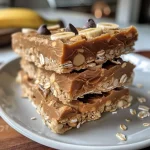 Side view of No Bake Peanut Butter Banana Oat Bars topped with chocolate chips and coconut flakes.