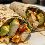 Close-up view of a crispy avocado chicken wrap filled with colorful ingredients.
