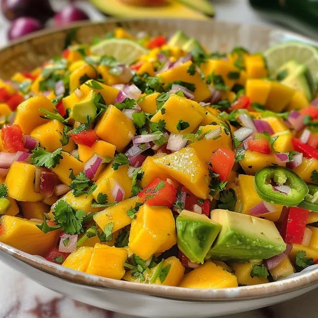Brighten Your Plate The Ultimate Mango Salsa Recipe Close-up shot of a vibrant mango salsa with diced mango, red bell pepper, and avocado.