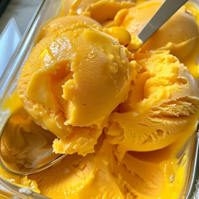 A Refreshing Mango Ice Cream Recipe to Brighten Your Day Close-up of creamy yellow mango ice cream in a bowl with diced mango pieces.