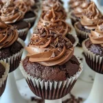 A close-up view of mini chocolate cupcakes with rich chocolate cream cheese frosting.