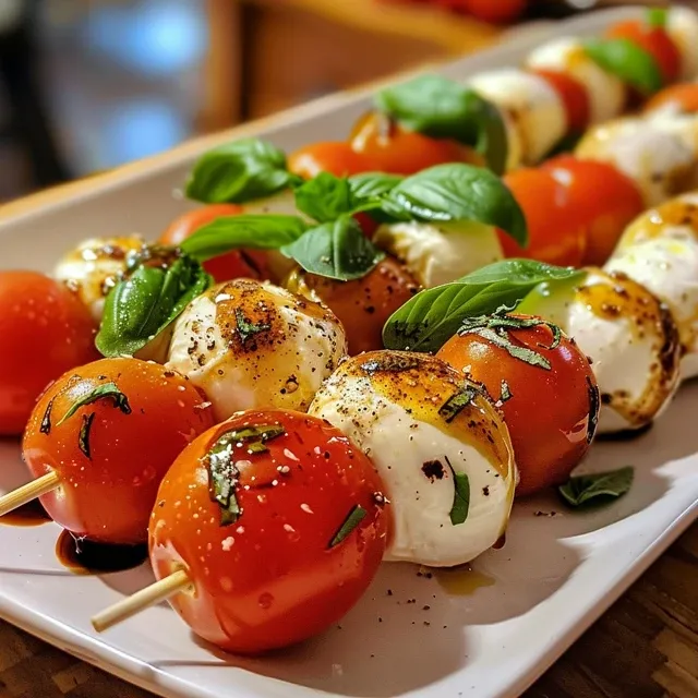 Effortless Caprese Skewers A Flavorful Bite-Sized Delight Close-up of colorful Caprese skewers featuring cherry tomatoes, mozzarella, and basil.