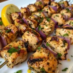 Close-up of juicy lemon herb grilled chicken skewers with colorful bell peppers and onions.