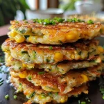 Close-up of golden Corn Zucchini Fritters, crispy edges and vibrant green herbs visible.