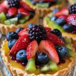 Close-up view of colorful mini fruit tarts topped with fresh berries and cream.
