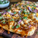 Close-up of BBQ chicken flatbread pizza with toppings.