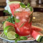 A close-up view of a glass filled with vibrant green and pink low-carb summer juice, garnished with lime slices and mint leaves.