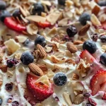 Close-up view of colorful Berry Nut Frozen Yogurt Bark with sliced strawberries and blueberries.