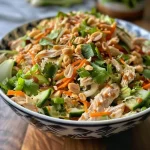 Close-up view of Sweet Chili Chicken Salad with colorful vegetables and chicken.