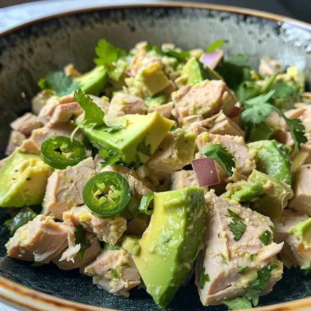 Effortless Low Carb Tuna Salad A Creamy Avocado Delight Close-up view of a vibrant Low Carb Keto Avocado Tuna Salad in a bowl.