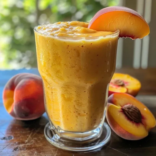 Refreshing Bliss Your New Favorite Peach Smoothie Recipe Close-up side view of a creamy peach smoothie in a glass, with peach slices and ice cubes around it.