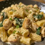 Close-up view of creamy chicken spinach pasta in a bowl, showcasing vibrant colors.