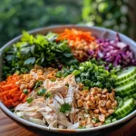 Close-up view of a colorful Thai Chicken Salad with fresh vegetables and herbs.