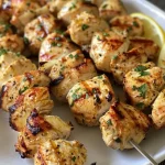 Juicy Garlic Lemon Chicken Skewers grilled to perfection, served on a wooden platter.