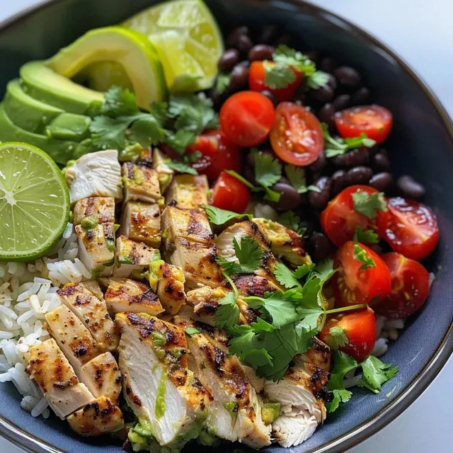 Elevate Your Dinner Game with a Creamy Avocado Chicken Rice Bowl A close-up view of a creamy avocado chicken rice bowl with vibrant colors and fresh ingredients.
