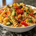 A vibrant bowl of Garden Pasta Salad featuring colorful vegetables and pasta.