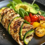 Close-up view of a juicy grilled chicken wrap filled with fresh vegetables.