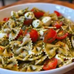Close-up side view of a light pesto Caprese pasta salad, featuring bowtie pasta, cherry tomatoes, mozzarella balls, and fresh basil.