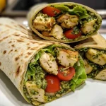 Juicy Chicken Pesto Wraps filled with colorful vegetables, neatly arranged on a plate.
