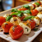 Close-up of colorful Caprese skewers featuring cherry tomatoes, basil, and mozzarella.