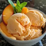 Close-up view of a bowl of Peach Frozen Yogurt topped with fresh peach slices and mint leaves.