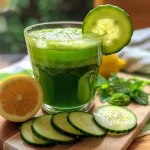 A refreshing cucumber detox drink in a glass, garnished with cucumber and lemon slices.