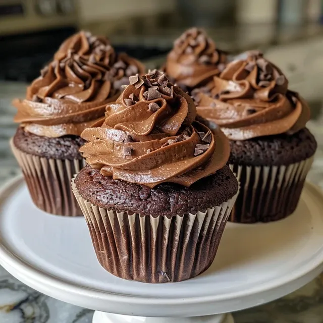Close-up view of rich chocolate cupcakes with glossy frosting and chocolate curls.