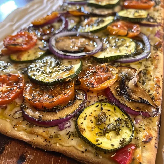 Side angle photo of a crispy flatbread loaded with portobello mushrooms, zucchini, and cheese.