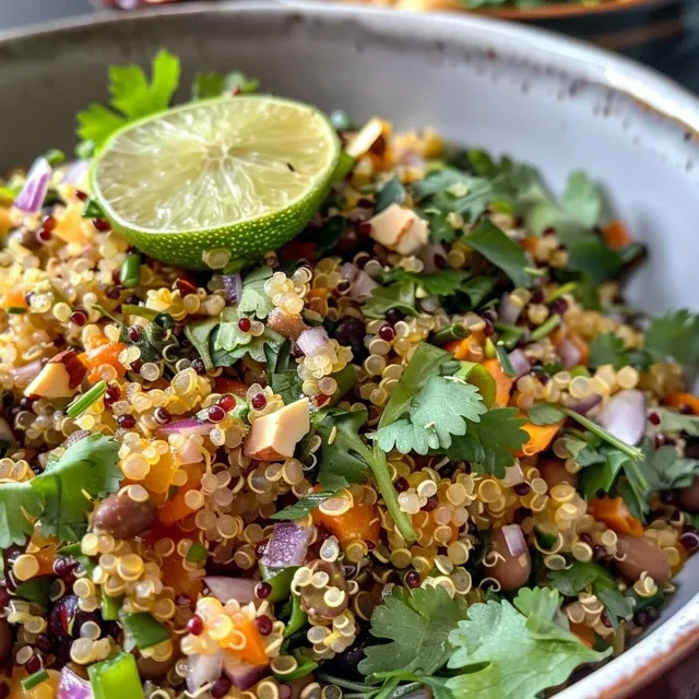 Close-up view of a hearty quinoa and lentil salad with fresh greens and almonds.