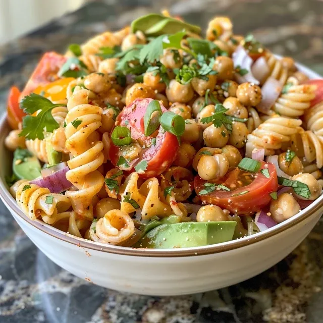 Side angle of a fresh pasta salad featuring chickpeas, bell peppers, and avocado.
