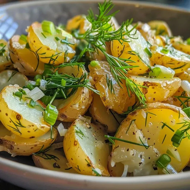 Side view of a colorful potato salad featuring bright green dill, parsley, and sliced green onions.