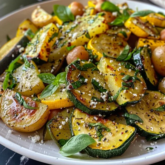 Colorful roasted zucchini, yellow squash, and chickpeas in a vibrant salad.