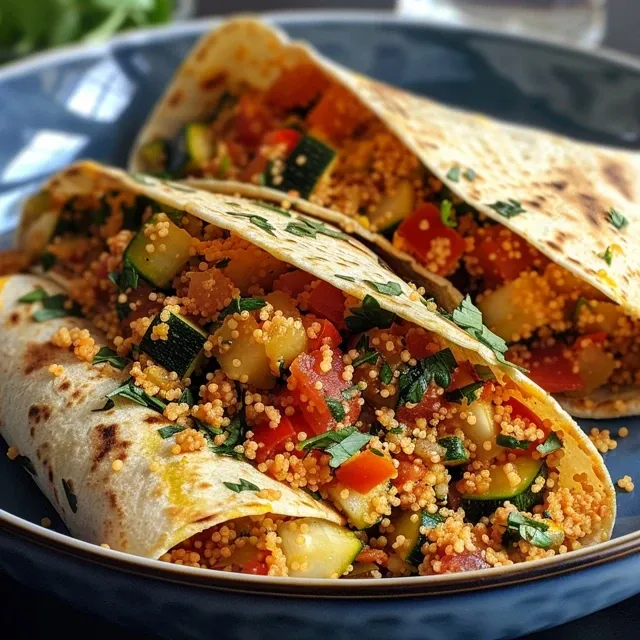 Side profile of a vibrant vegetable wrap filled with couscous, showcasing fresh ingredients.