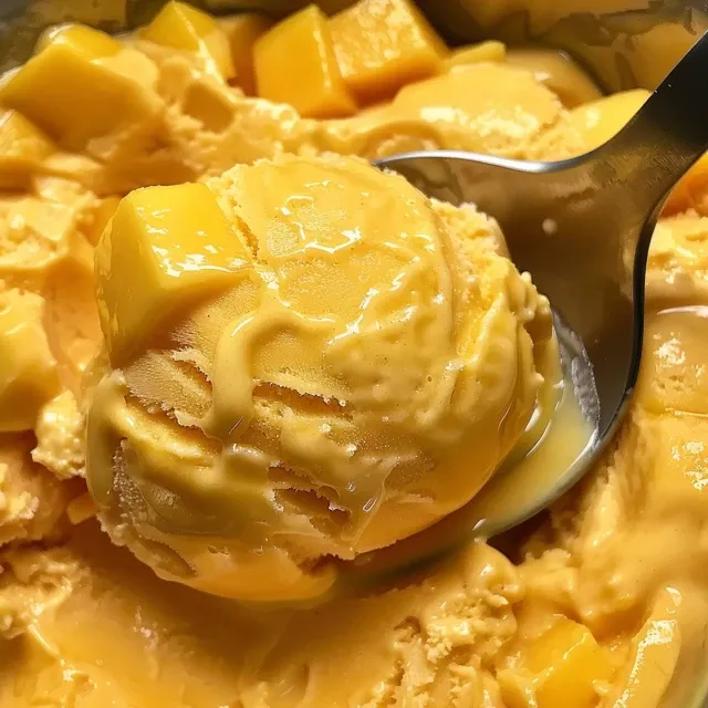 Creamy mango ice cream with a smooth texture, displayed in a rustic dish on a wooden table.