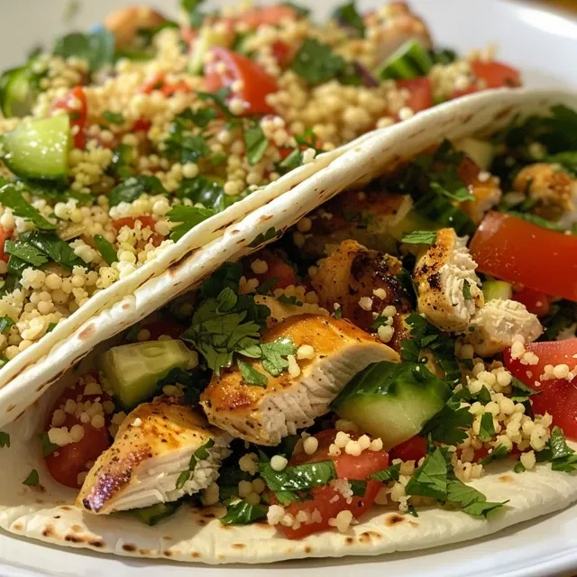 Side photo of a colorful wrap filled with chicken tenders, couscous, and vegetables.