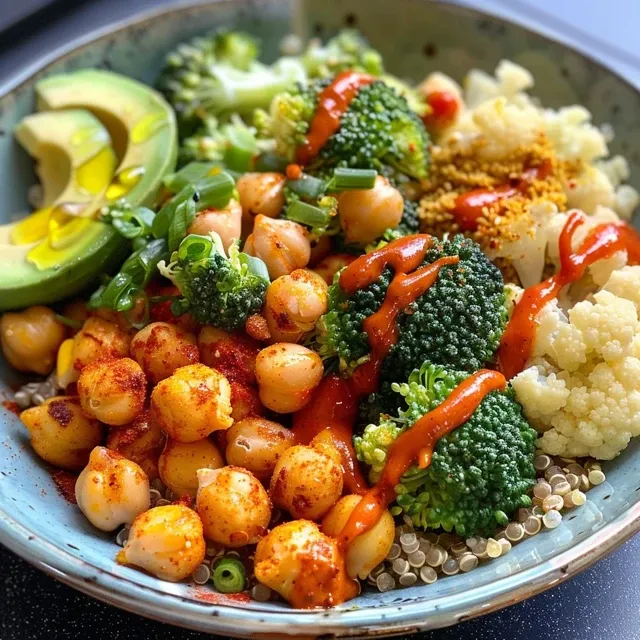 Side perspective of a colorful quinoa bowl featuring chickpeas, broccoli, and cauliflower.