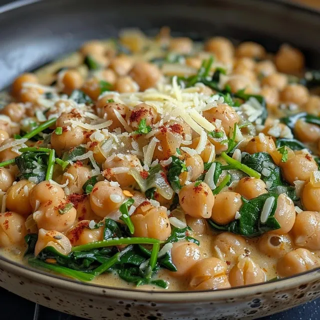 Juicy, creamy chickpeas mixed with garlic and spinach displayed in a rustic dish.