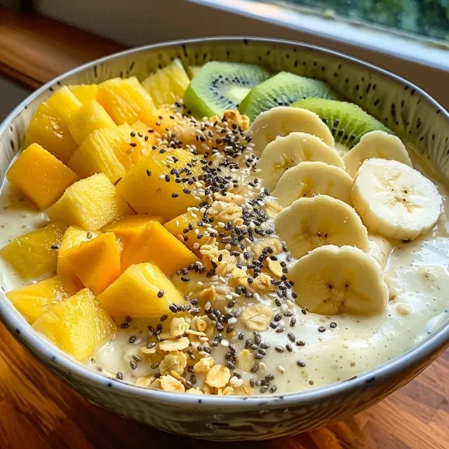 Side profile of a refreshing mango pineapple smoothie, showcasing bright yellow and orange colors.