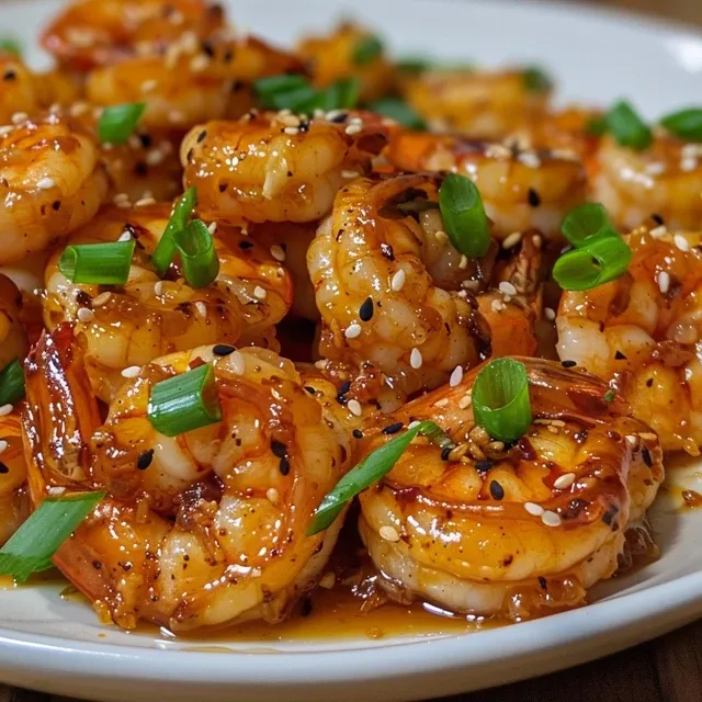 Close-up of large, succulent shrimp coated in a glossy honey garlic sauce, served with a sprinkle of sesame seeds.
