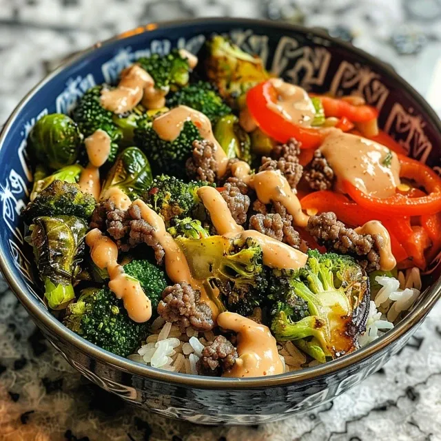 Juicy Beef & Veggie Bowl featuring fresh broccoli, Brussels sprouts, and bell pepper.
