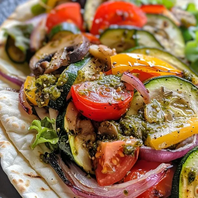 Side view of a juicy roasted veggie wrap showcasing layers of zucchini, bell pepper, and goat cheese.