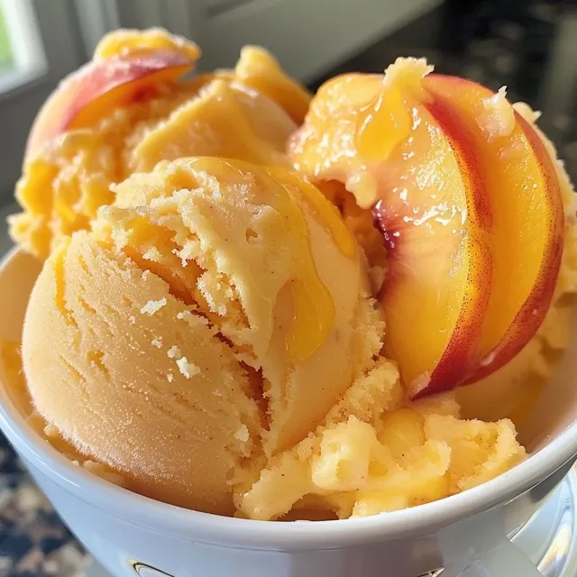 Side view of vibrant orange nectarine frozen yogurt topped with fresh fruit.