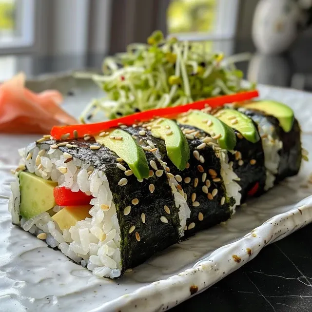 Side view of sushi rolls filled with avocado and red pepper, garnished with sesame seeds.
