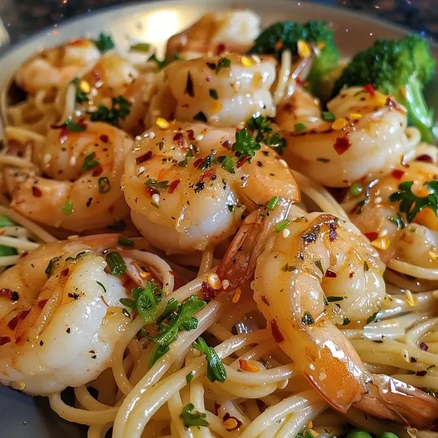 Side view of a delicious bowl of Quick Garlic Shrimp Noodles with herbs and spices.
