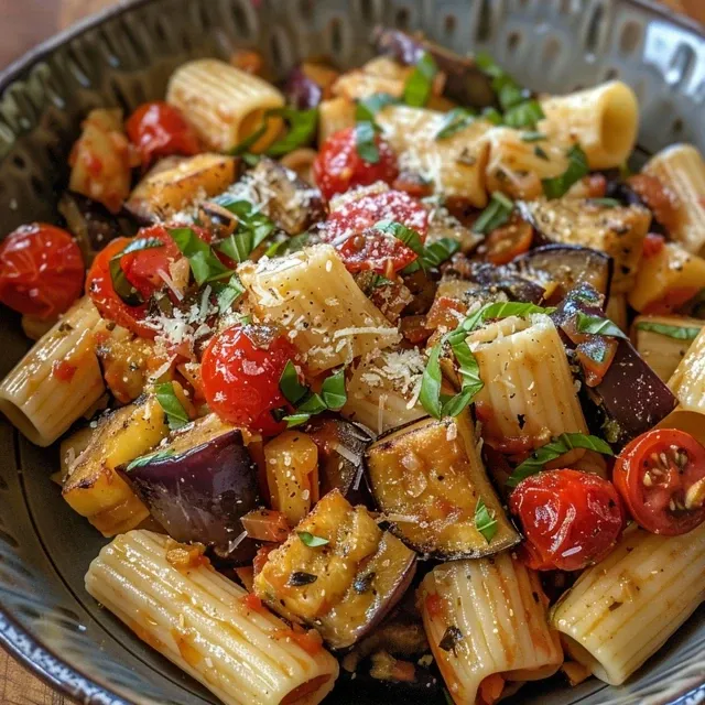 Side view of a hearty serving of eggplant and fresh tomato pasta, showcasing vibrant colors.