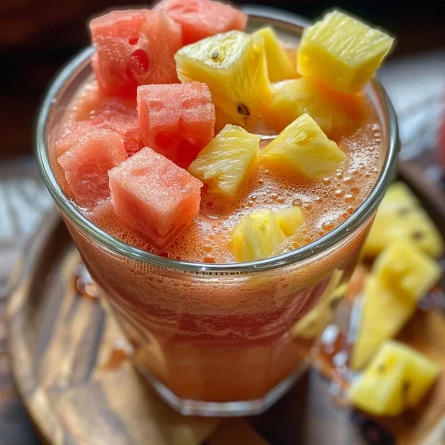 Side view of freshly squeezed pineapple watermelon juice in a clear glass, highlighting the juicy texture.