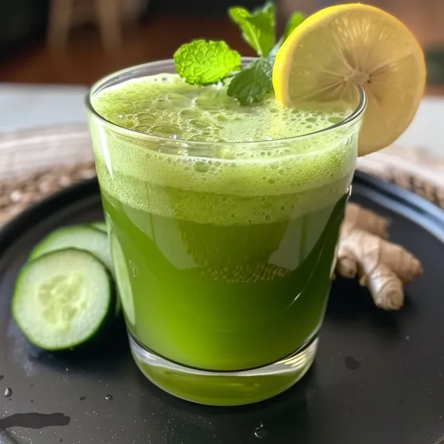 Side view of a Detox Cucumber Ginger Bedtime Drink, showcasing fresh ingredients like cucumbers and ginger.