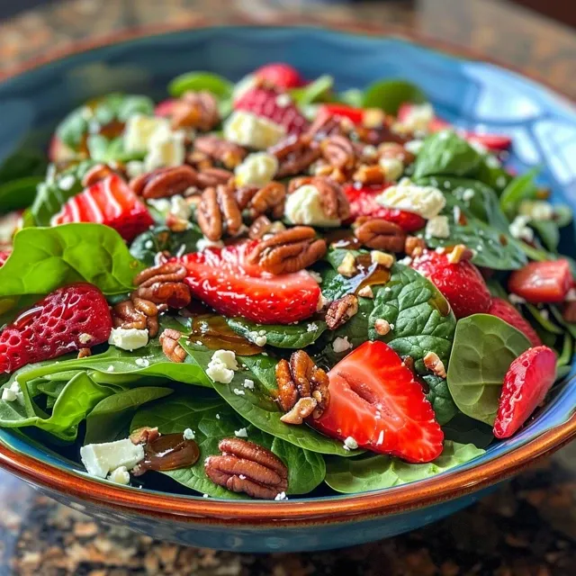 A lush mix of spinach and sliced strawberries in a bowl, garnished with candied pecans and crumbled feta.